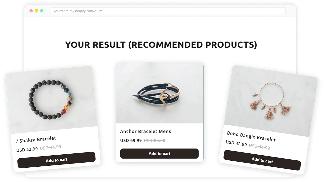 AISalesQ product recommendations on a quiz result page