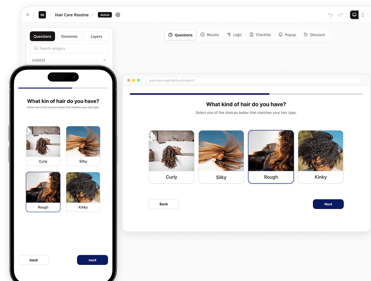 Live quiz builder preview showing question setup on desktop and mobile